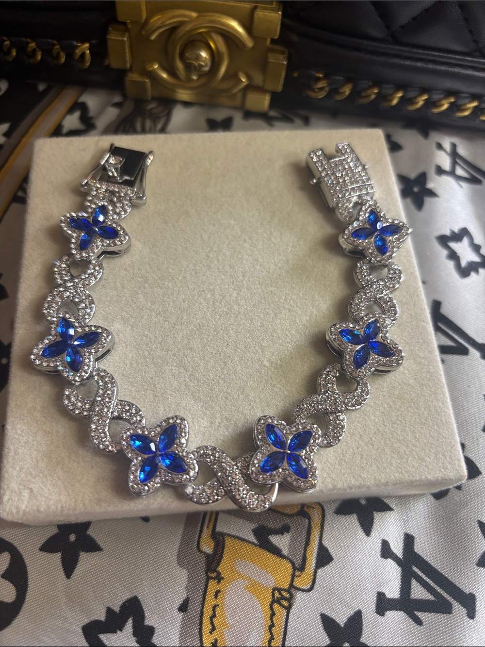 8” Luxury Silver Bracelet with Blue Crystal Flower Accents - Unbranded